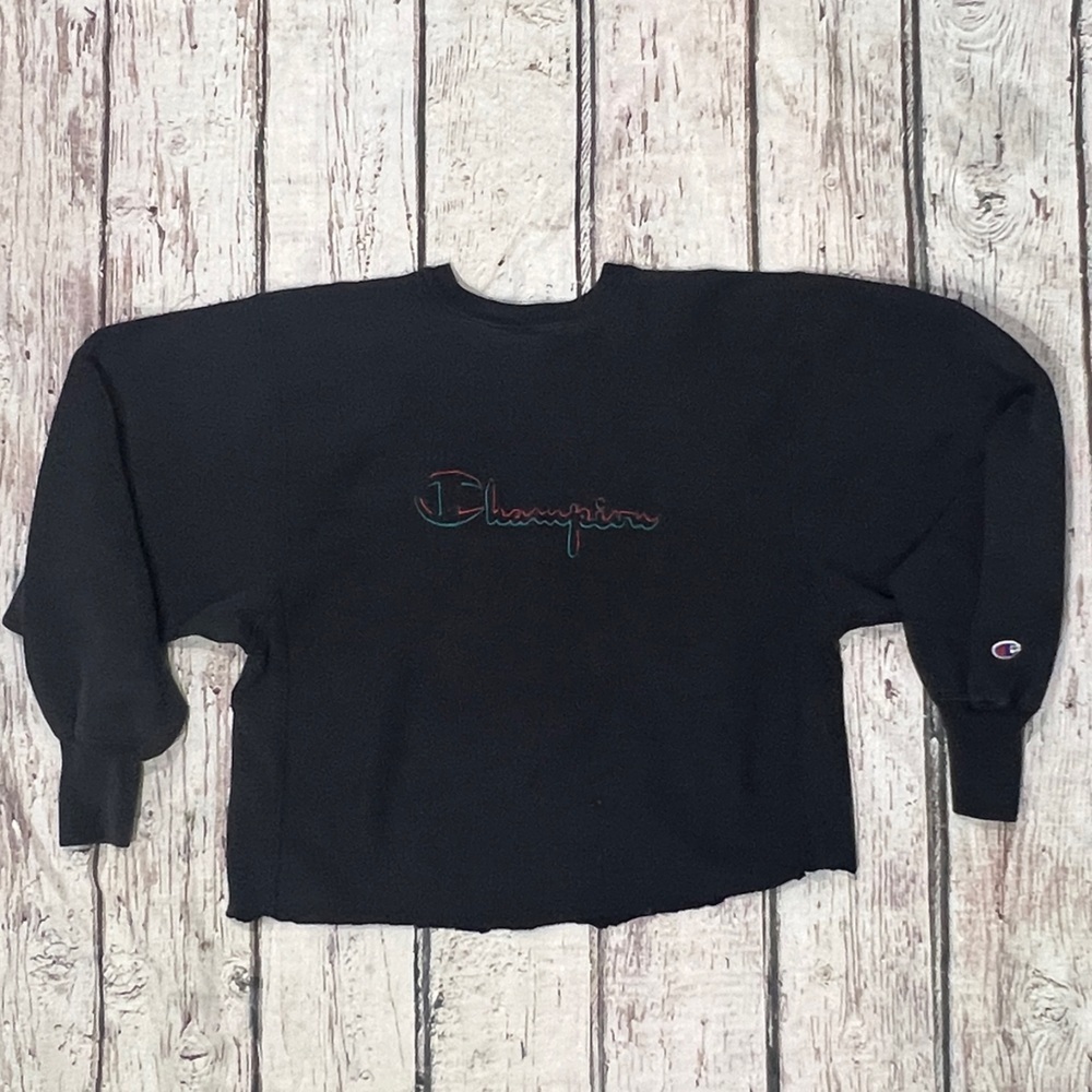 Vintage 80s Champion Reverse Weave Black Stitched Pullover Crop Top Sweatshirt